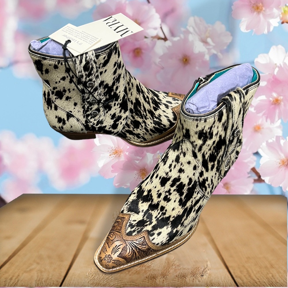 💯Hand Tooled Leather Genuine Cowhide Women Bootie Boot Boho Western Shoe Rodeo - Picture 4 of 16